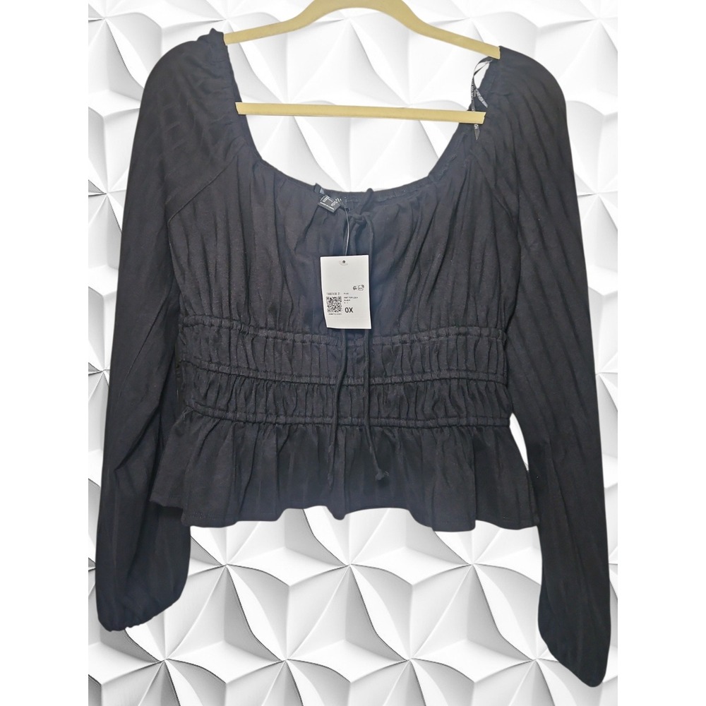 Forever 21 Plus Black Smocked Peplum Knit Top Long Sleeve Square Neck 0X NWT